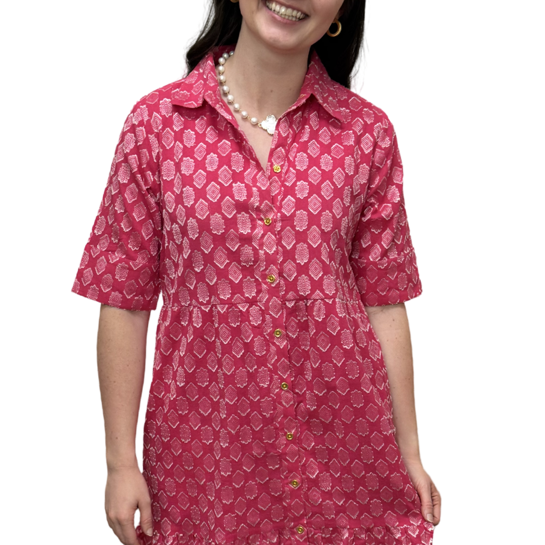 The Reagan Dress in Pink and White Cotton Jacquard — view 7