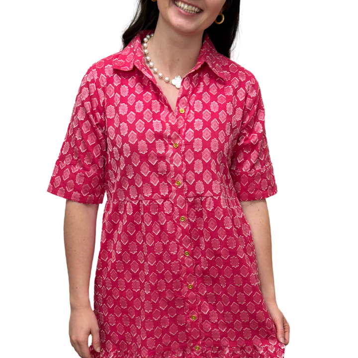 The Reagan Dress in Pink and White Cotton Jacquard — view 7