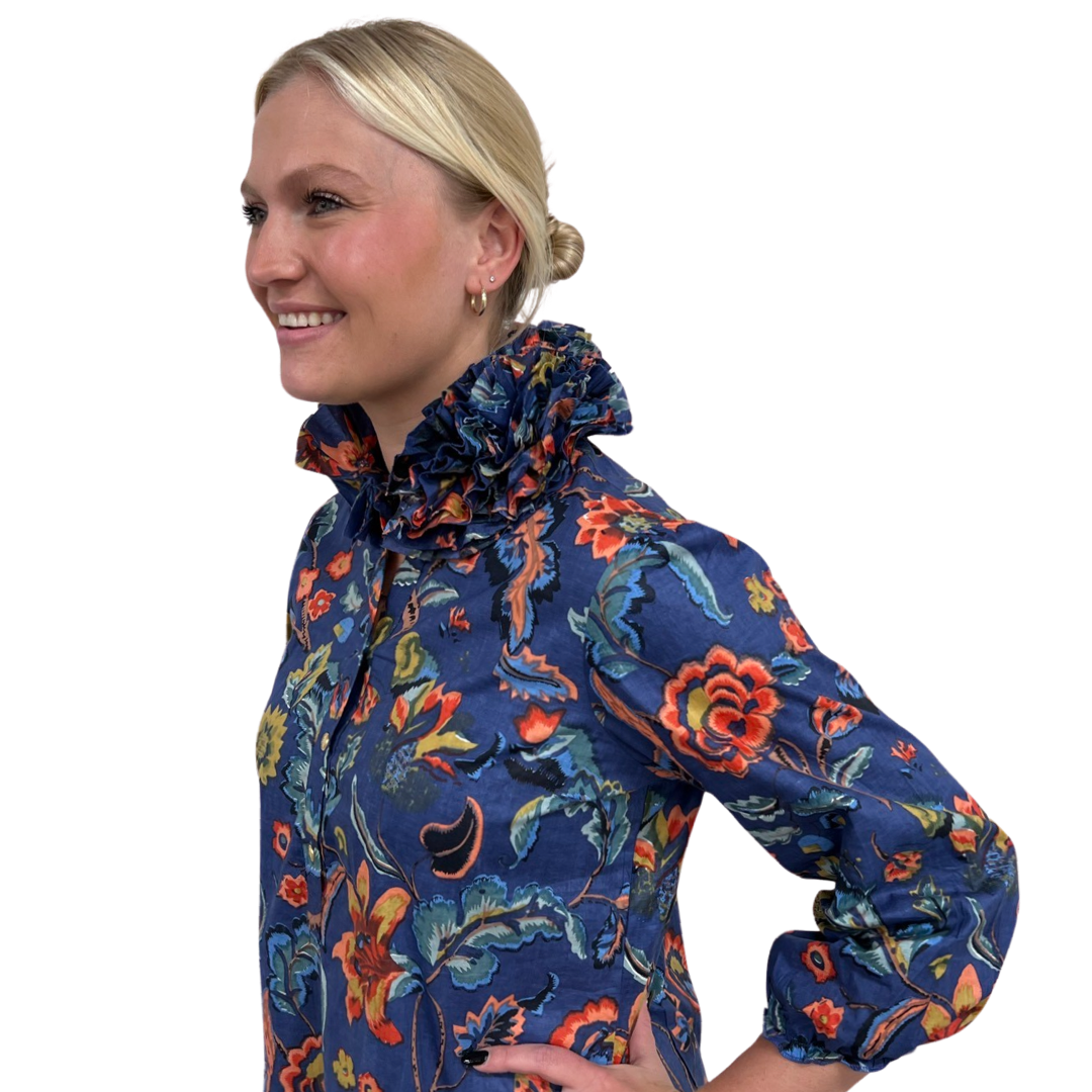 The Maria Ruffle Neck Cotton Blouse in Sunset Floral Hand Block Print — view 3
