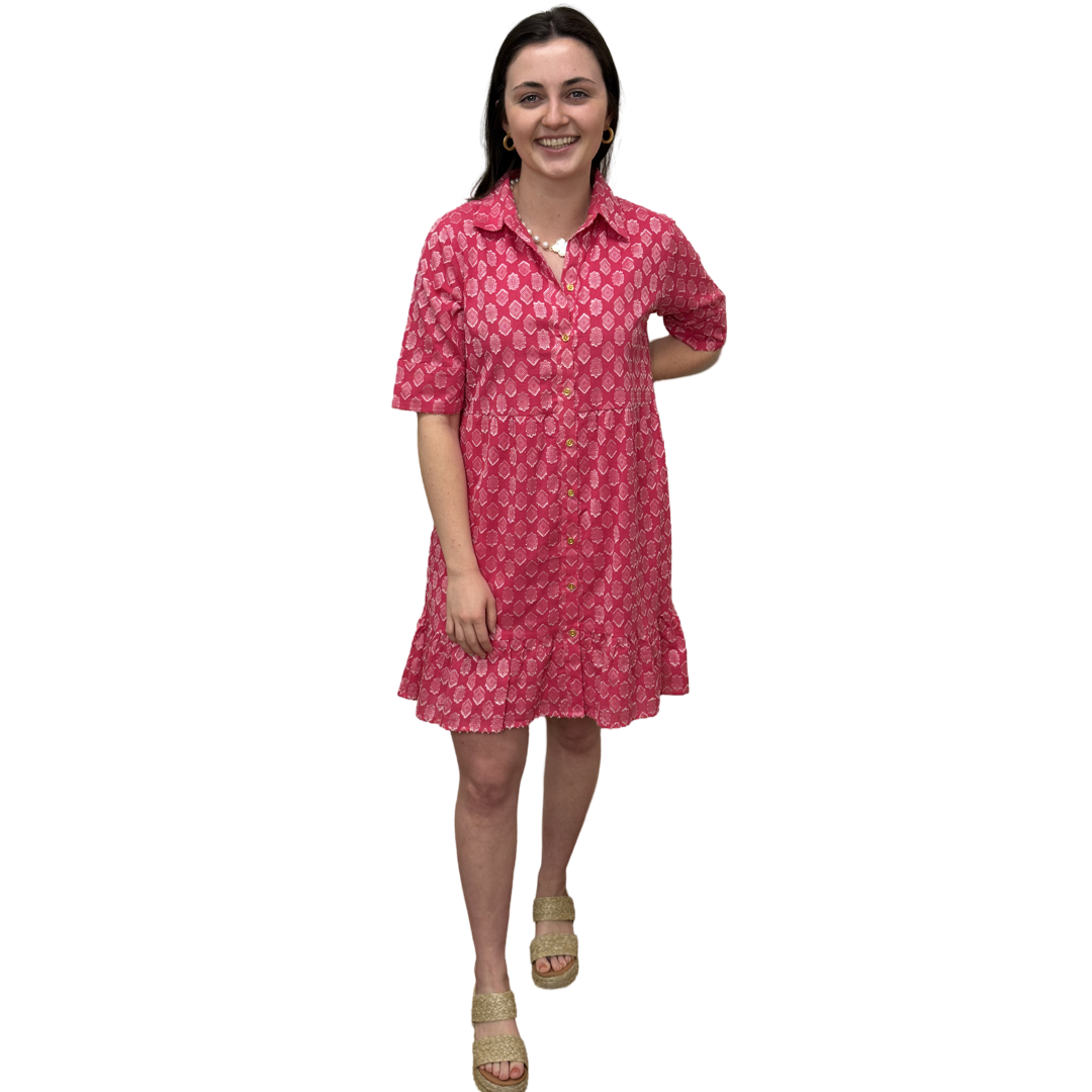 The Reagan Dress in Pink and White Cotton Jacquard — view 4