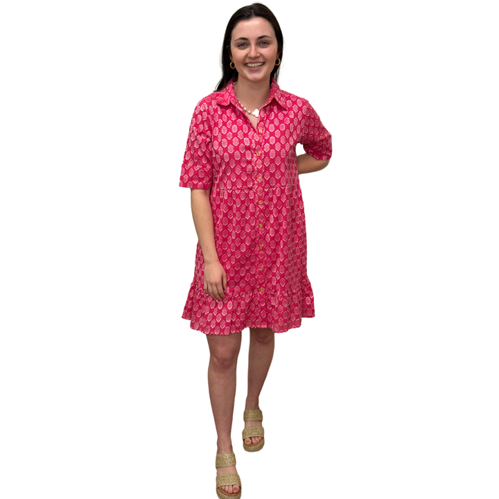 The Reagan Dress in Pink and White Cotton Jacquard — view 4