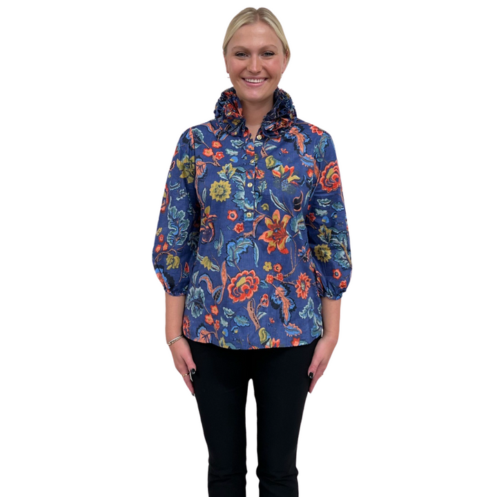 The Maria Ruffle Neck Cotton Blouse in Sunset Floral Hand Block Print — view 4