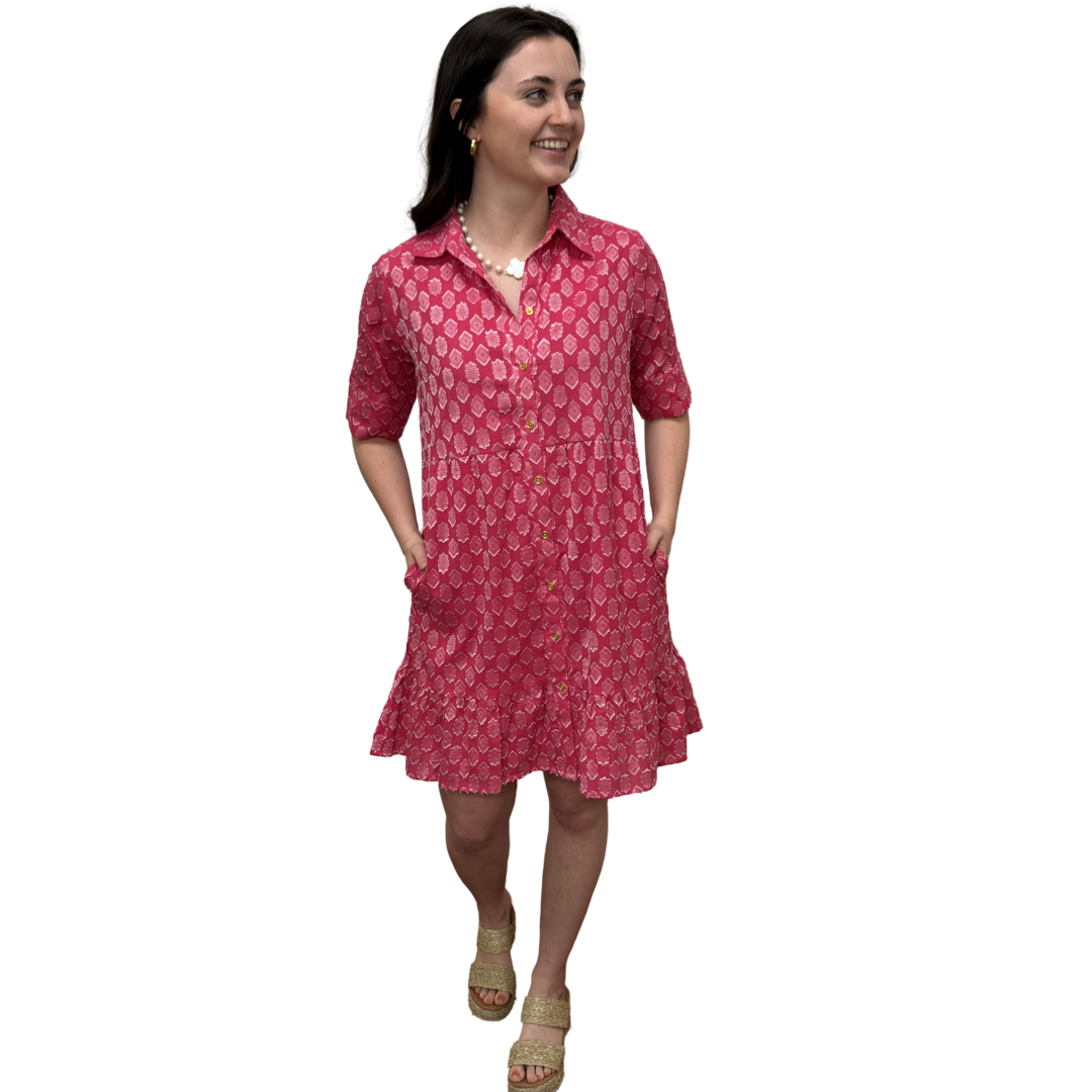 The Reagan Dress in Pink and White Cotton Jacquard — view 5