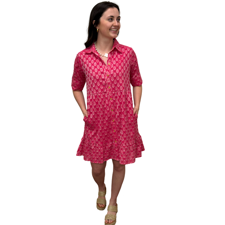 The Reagan Dress in Pink and White Cotton Jacquard — view 5
