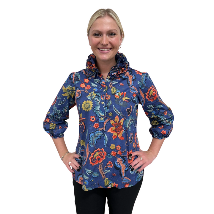 The Maria Ruffle Neck Cotton Blouse in Sunset Floral Hand Block Print