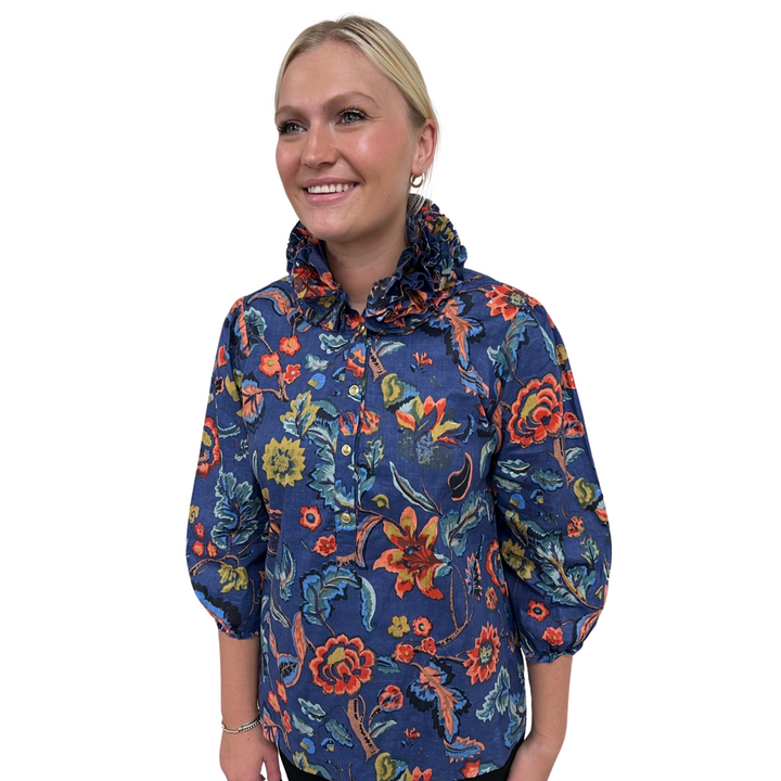 The Maria Ruffle Neck Cotton Blouse in Sunset Floral Hand Block Print — view 6
