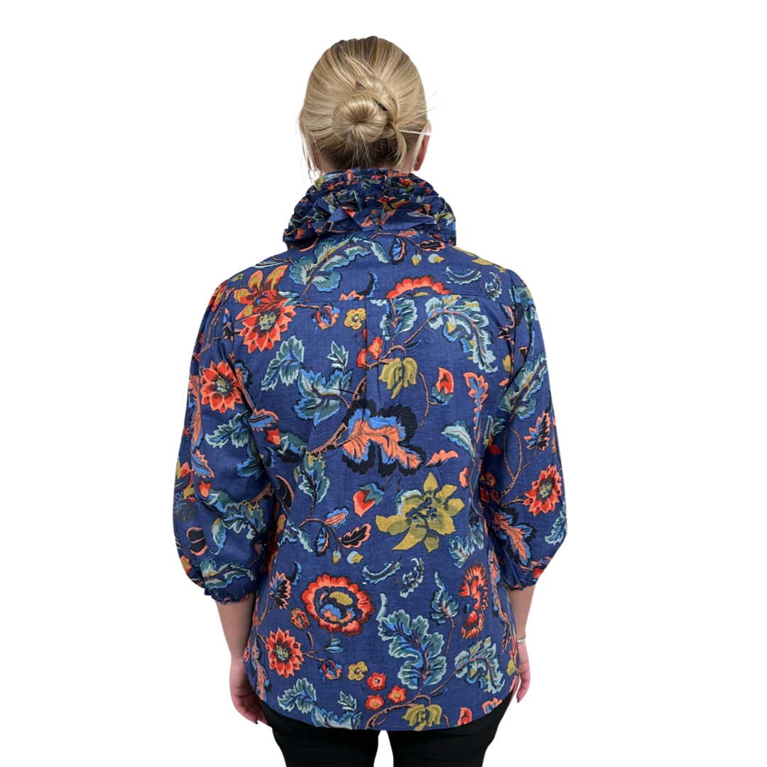 The Maria Ruffle Neck Cotton Blouse in Sunset Floral Hand Block Print — view 5
