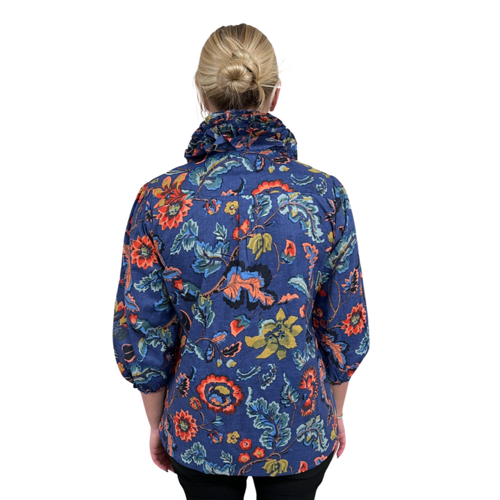 The Maria Ruffle Neck Cotton Blouse in Sunset Floral Hand Block Print — view 5