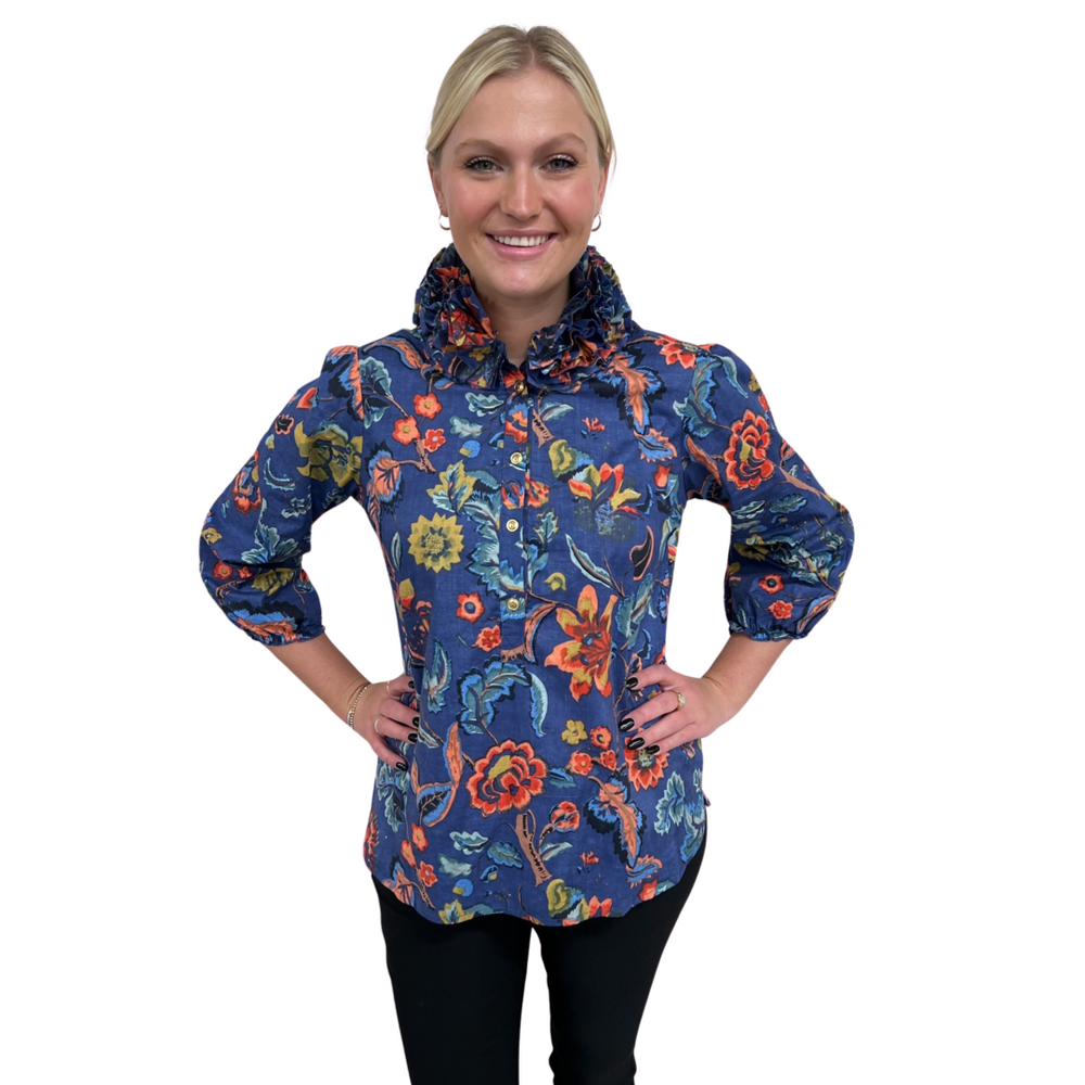The Maria Ruffle Neck Cotton Blouse in Sunset Floral Hand Block Print — view 2