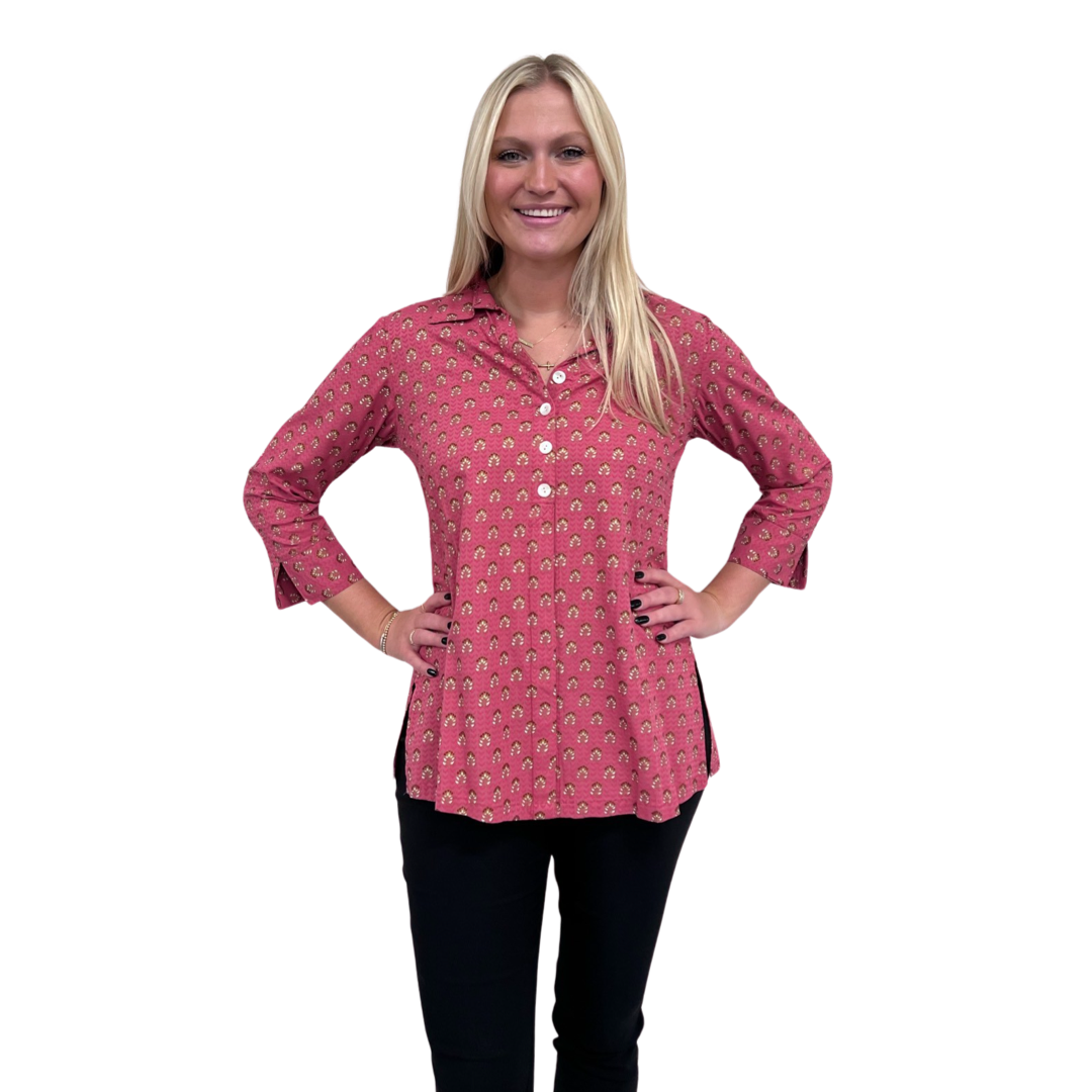The Mason Button Back Top in Peony Pink