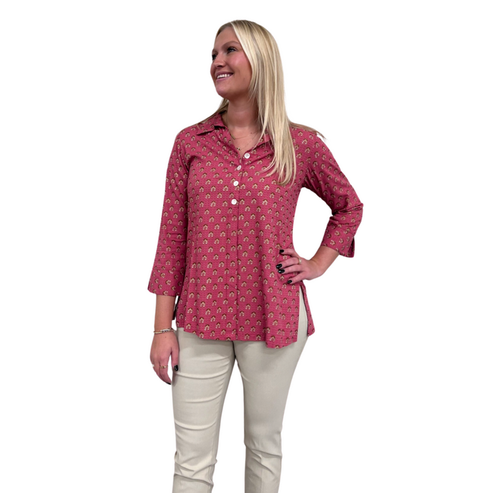 The Mason Button Back Top in Peony Pink — view 3