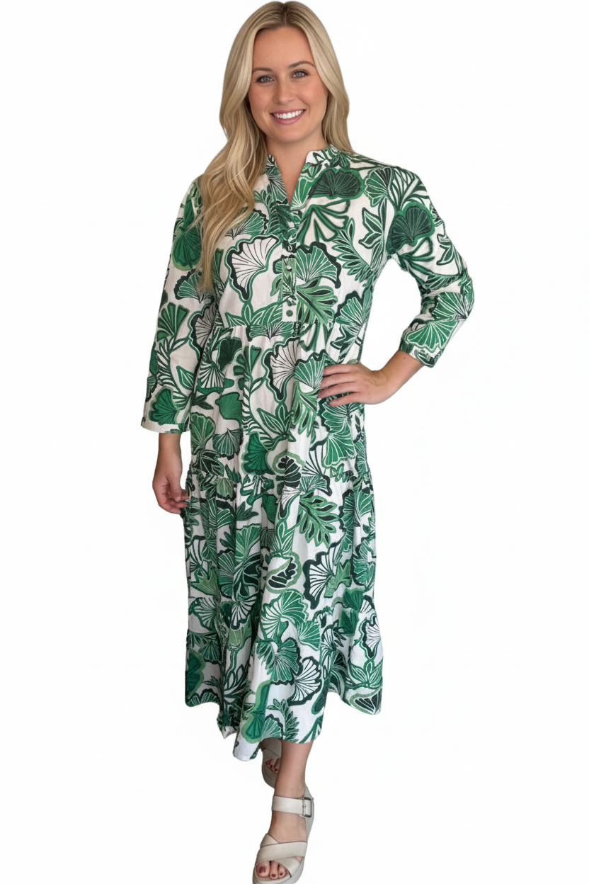 The Addison Tropical Green Leaf Print Dress — view 5