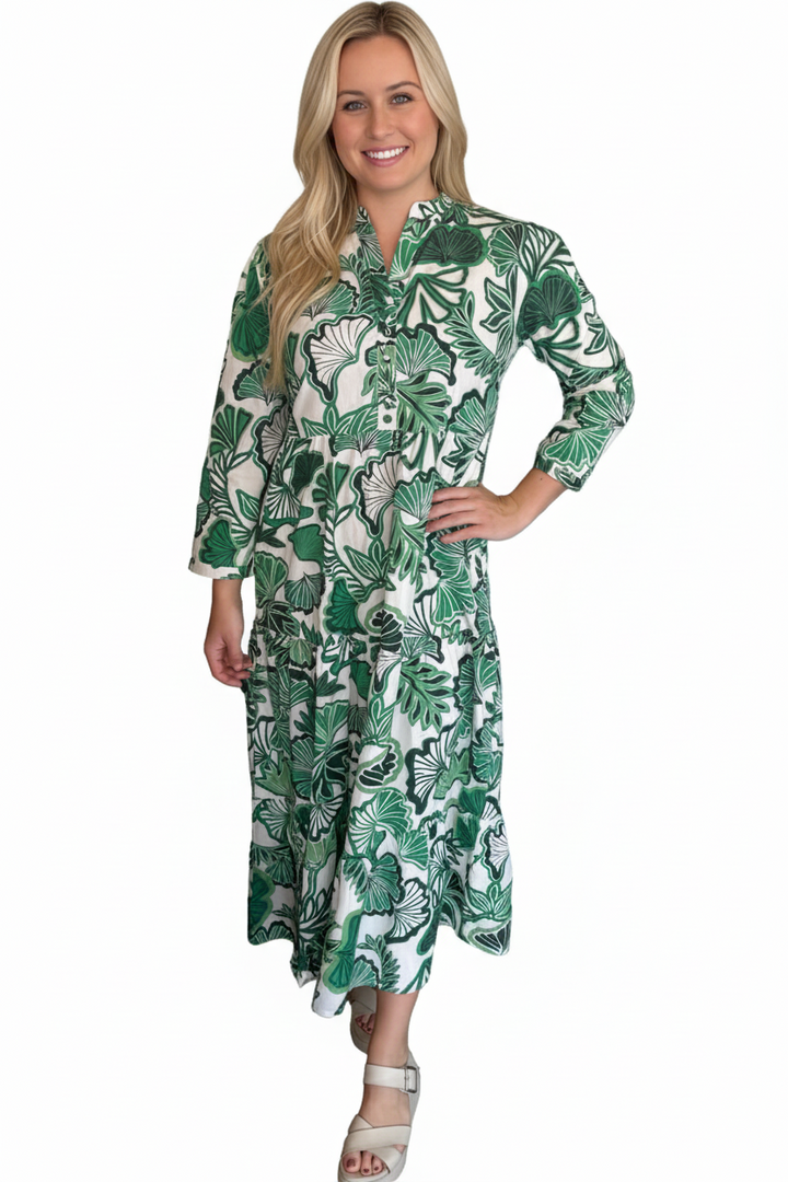 The Addison Tropical Green Leaf Print Dress — view 5