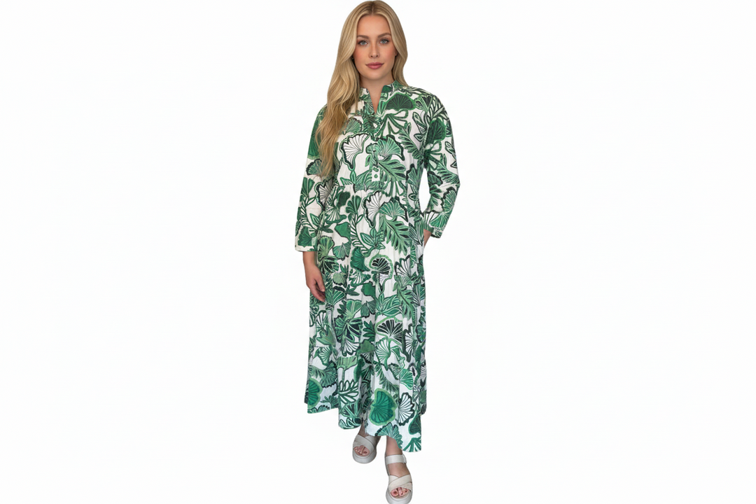 The Addison Tropical Green Leaf Print Dress — view 6