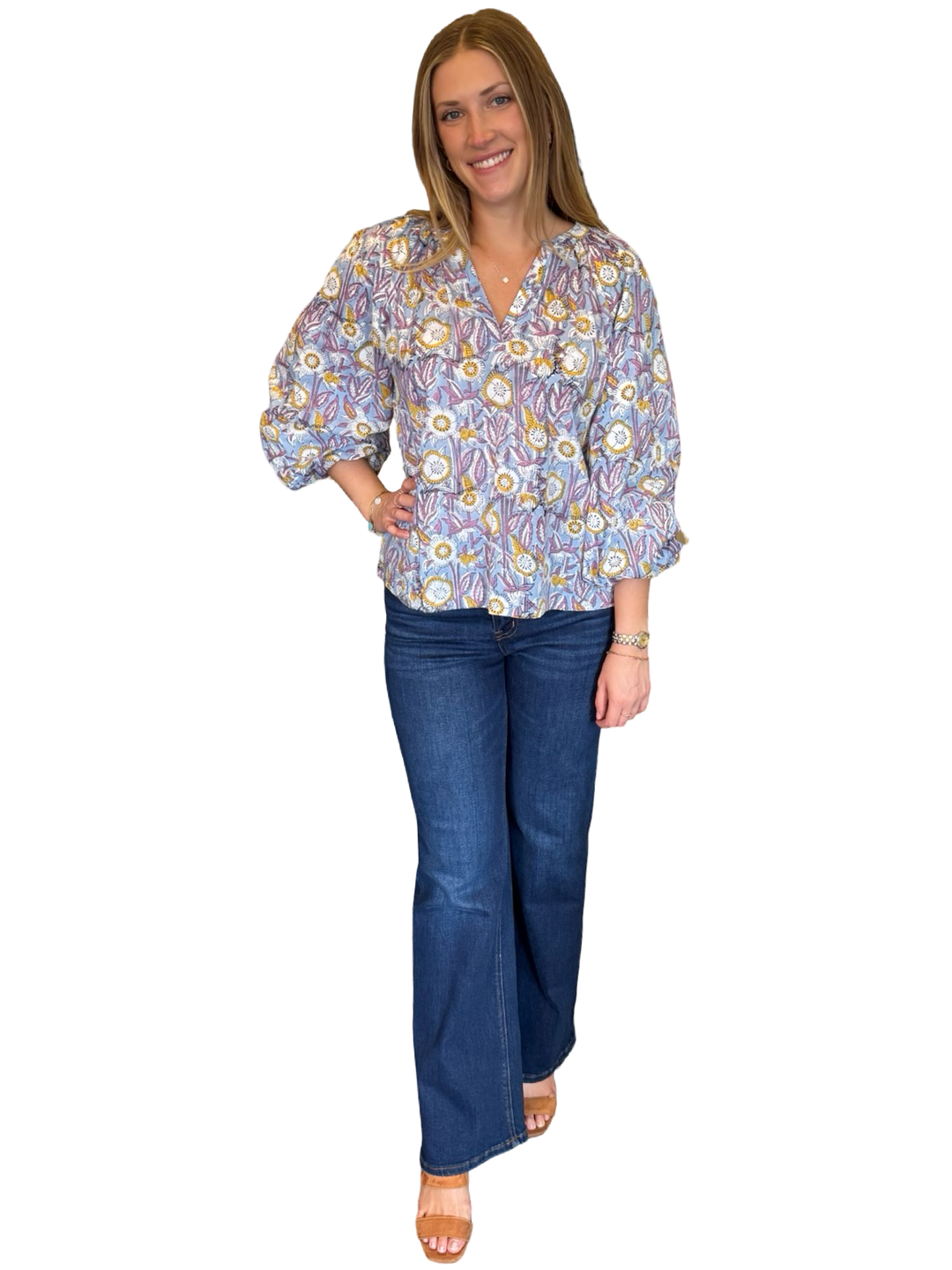 The Ashley Cotton Top in Grey Blue Floral