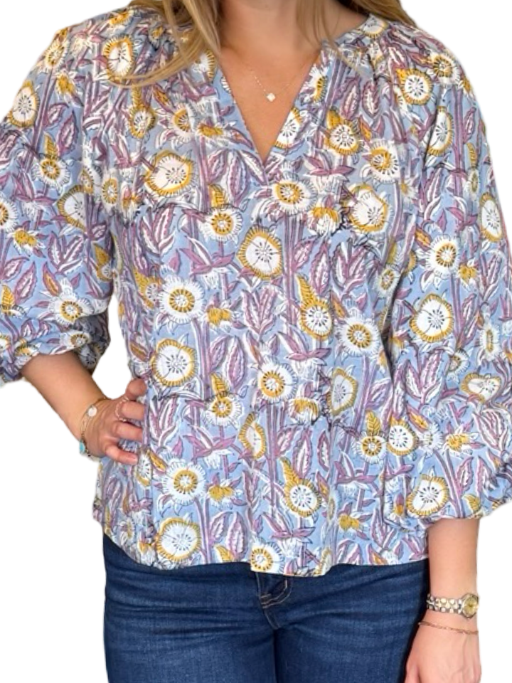The Ashley Cotton Top in Grey Blue Floral
