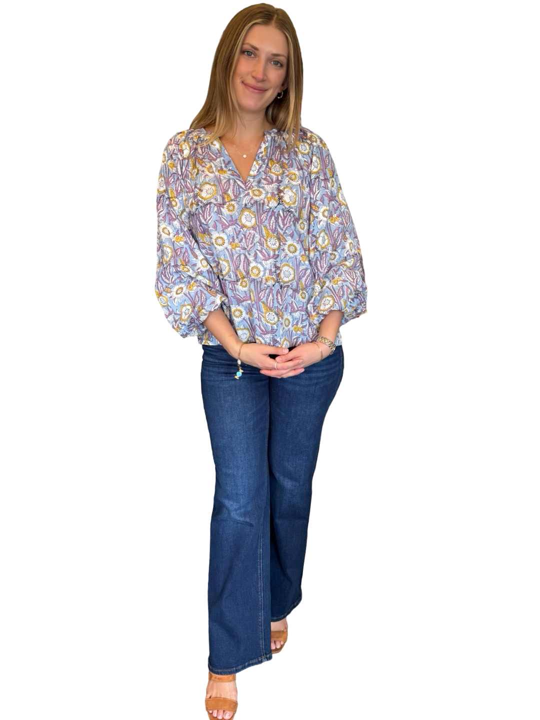 The Ashley Cotton Top in Grey Blue Floral
