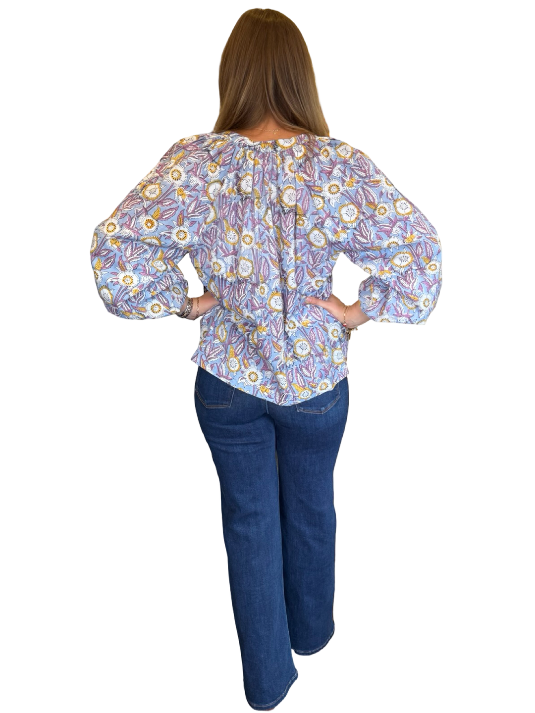 The Ashley Cotton Top in Grey Blue Floral