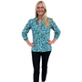 The Carrie Ruffle Trim Top in Mint and Blue Hand-Blocked Floral