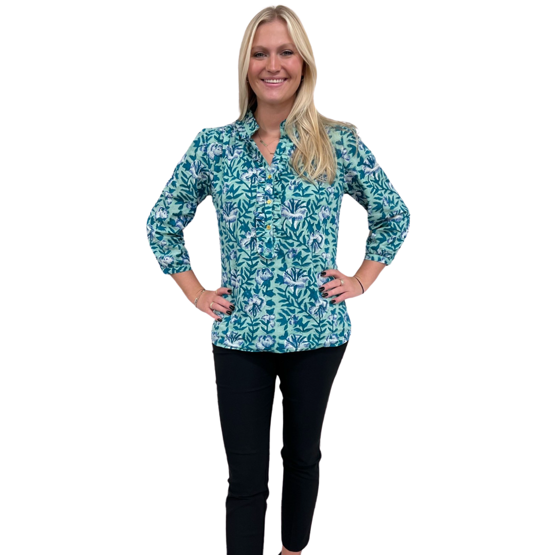 The Carrie Ruffle Trim Top in Mint and Blue Hand-Blocked Floral