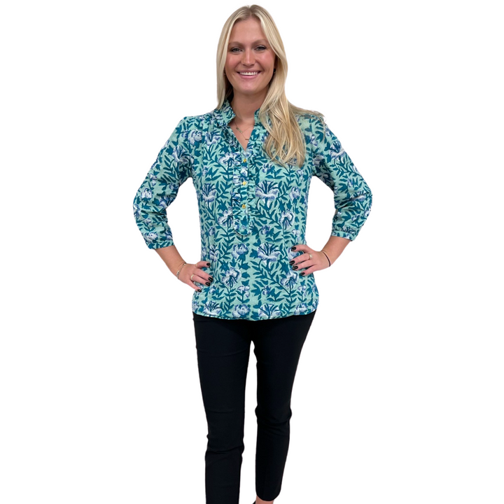 The Carrie Ruffle Trim Top in Mint and Blue Hand-Blocked Floral