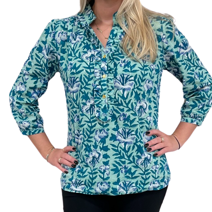 The Carrie Ruffle Trim Top in Mint and Blue Hand-Blocked Floral — view 3