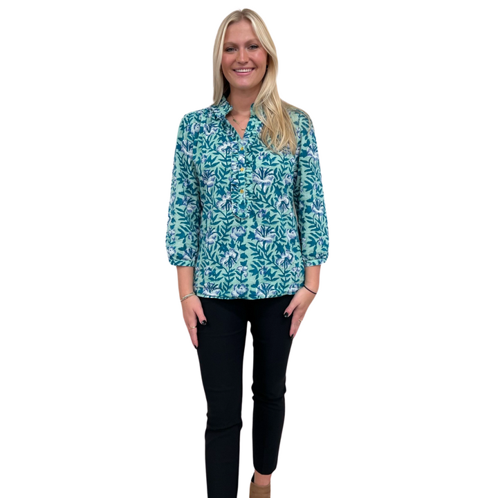 The Carrie Ruffle Trim Top in Mint and Blue Hand-Blocked Floral — view 2