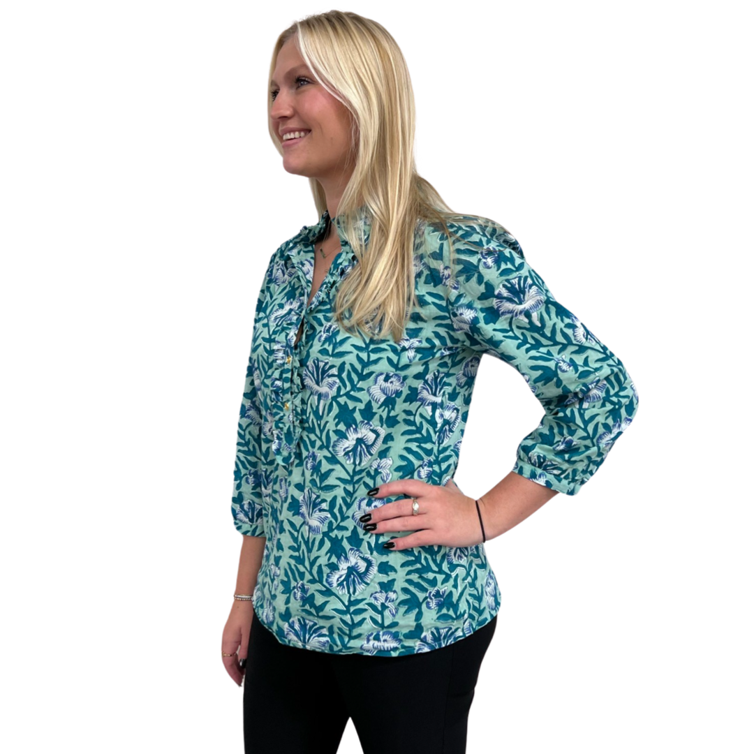 The Carrie Ruffle Trim Top in Mint and Blue Hand-Blocked Floral — view 4
