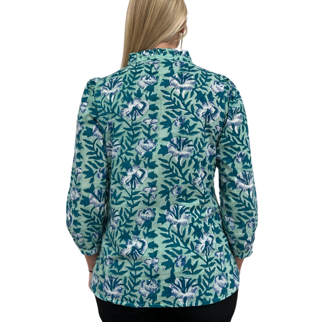 The Carrie Ruffle Trim Top in Mint and Blue Hand-Blocked Floral — view 5