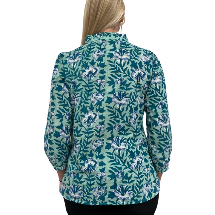 The Carrie Ruffle Trim Top in Mint and Blue Hand-Blocked Floral — view 5