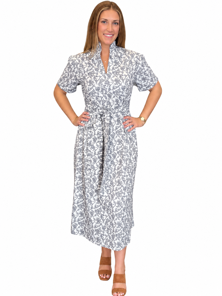 The Laurel Ruffle Trim Dress in Grey White