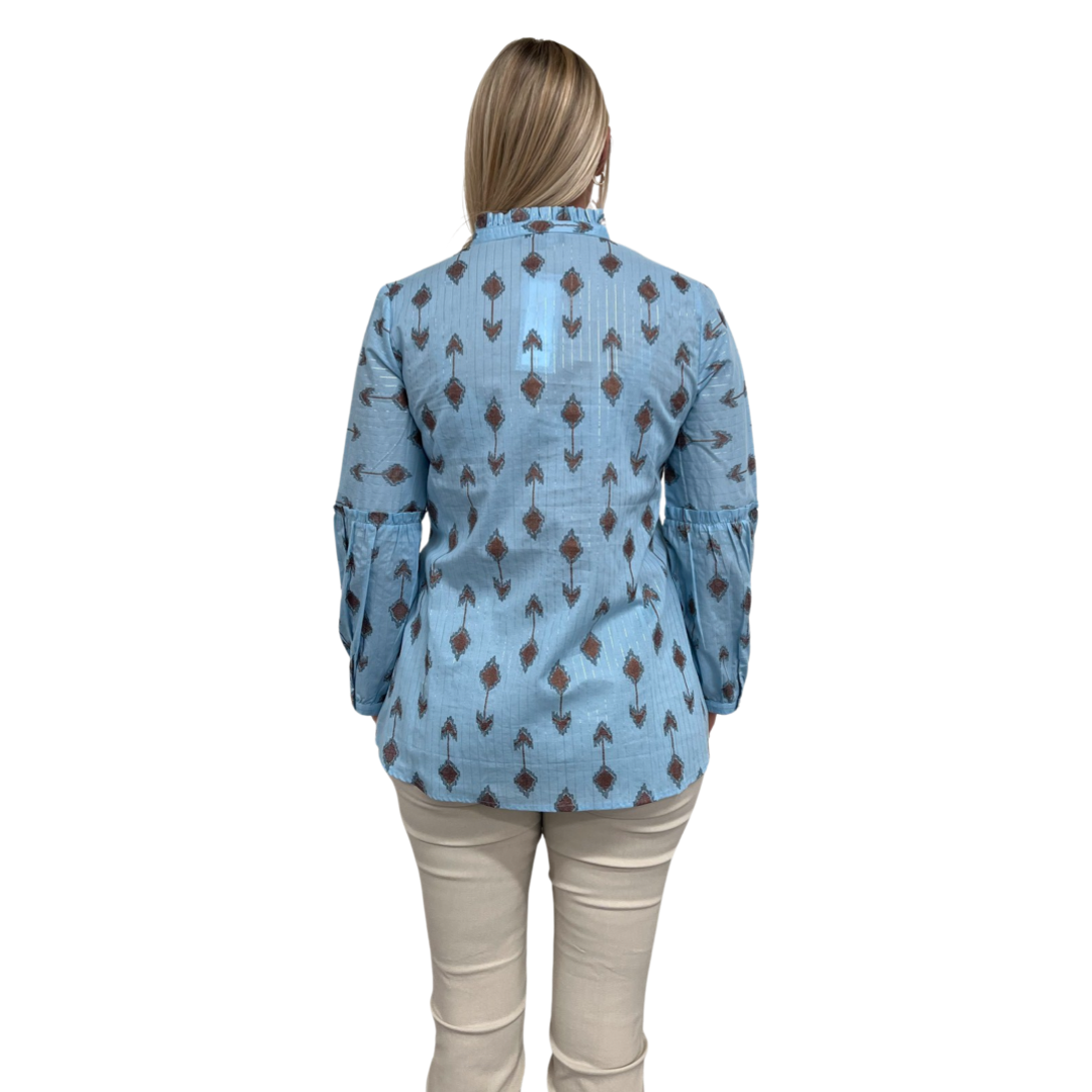 The Carmen Button Front Top in Blue Lurex Cotton — view 5
