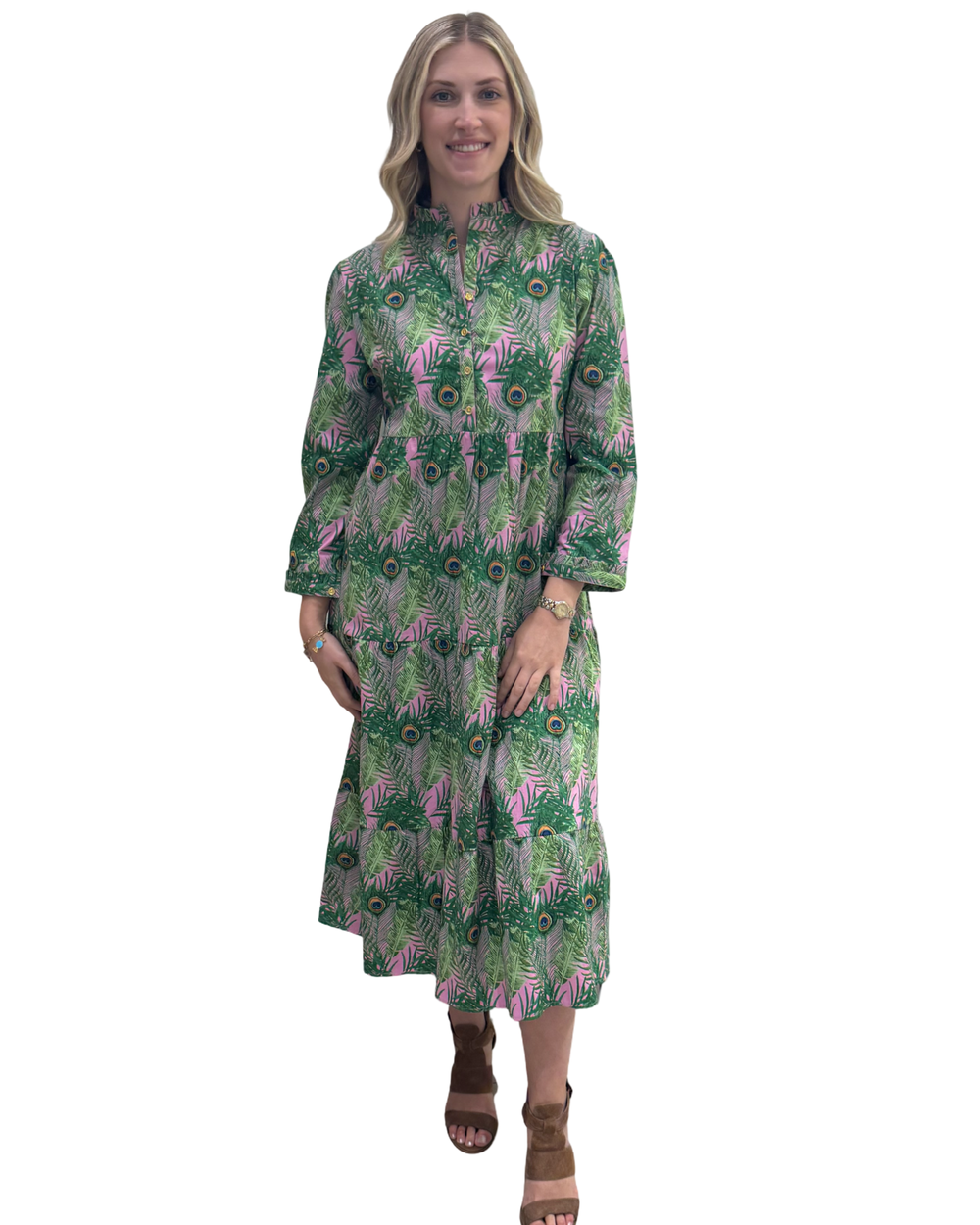 The Penny Button Placket Dress in Pink and Green Peacock Print — view 2