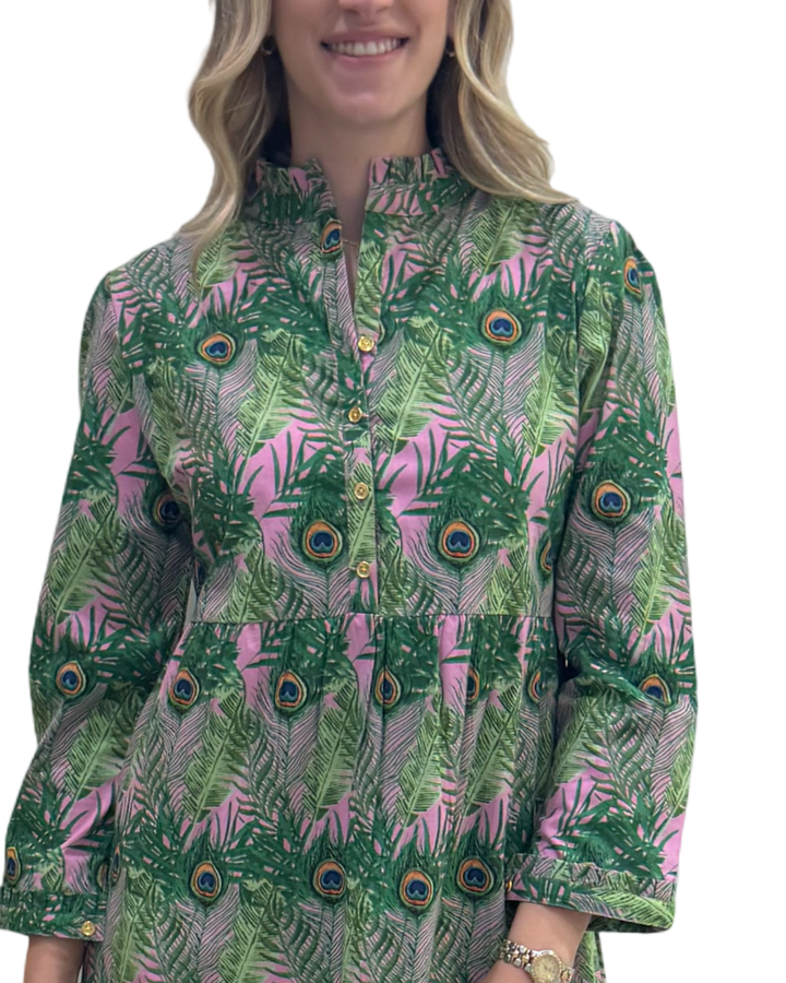 The Penny Button Placket Dress in Pink and Green Peacock Print — view 3