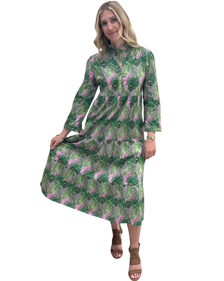 The Penny Button Placket Dress in Pink and Green Peacock Print — view 4