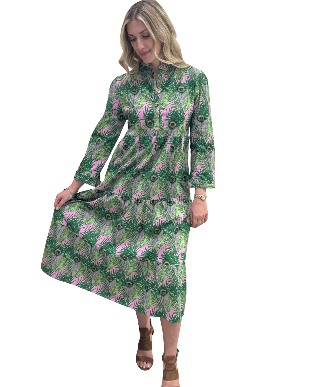 The Penny Button Placket Dress in Pink and Green Peacock Print