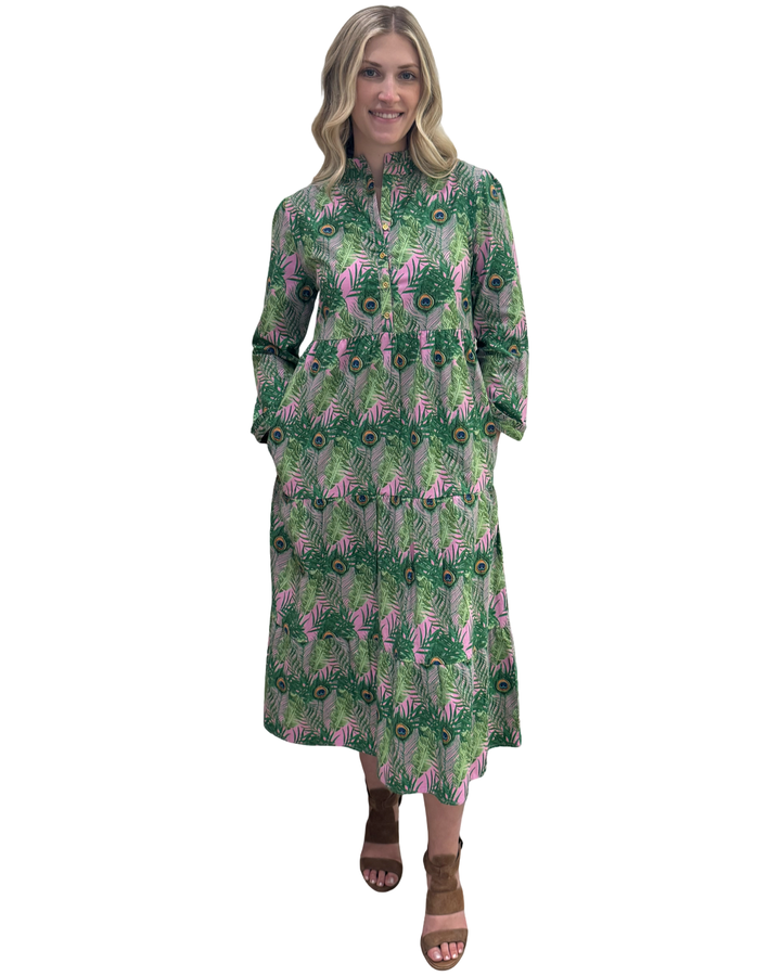 The Penny Button Placket Dress in Pink and Green Peacock Print — view 6