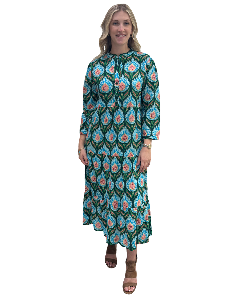 The Addison Long Green Turquoise Cotton  Dress — view 2