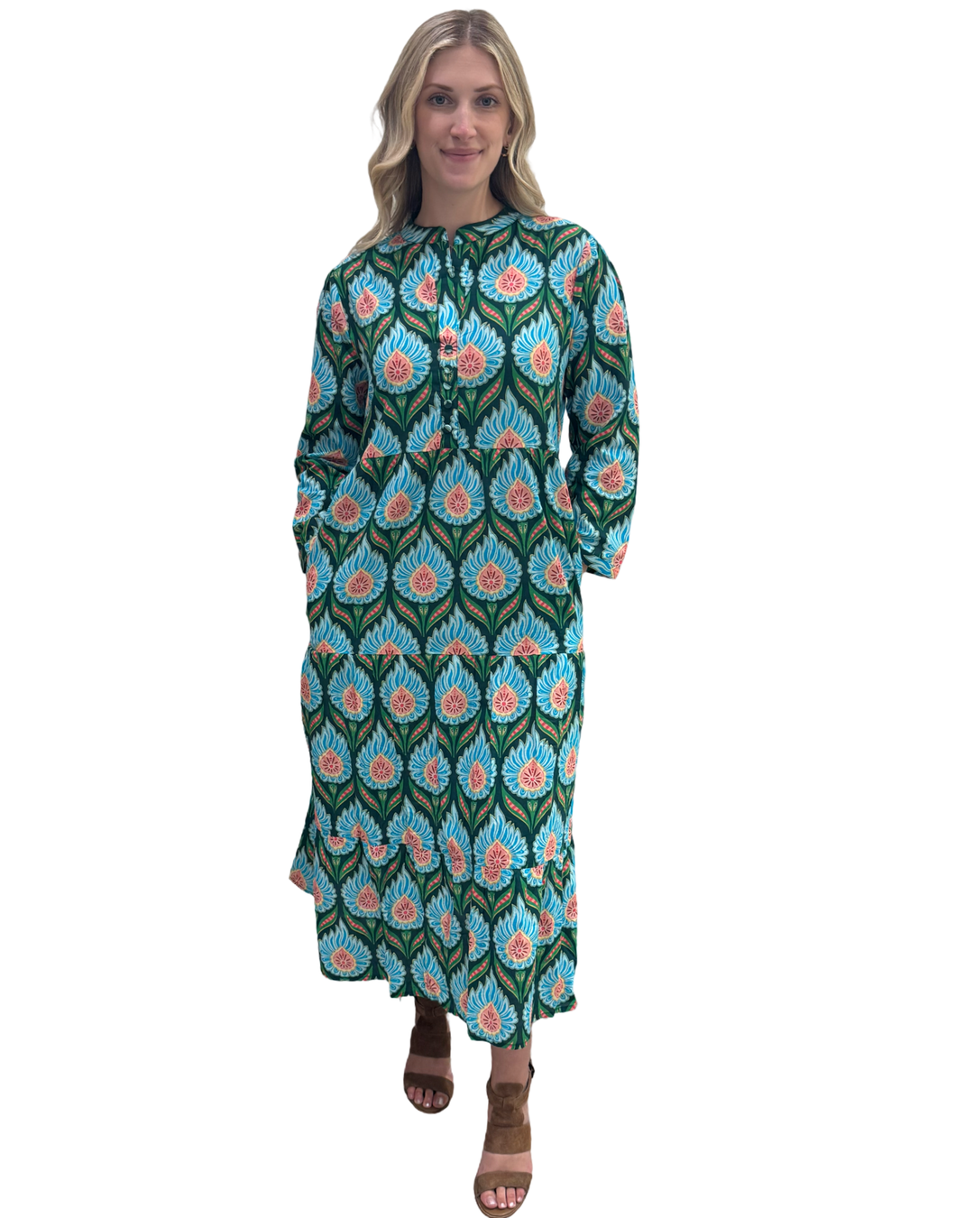 The Addison Long Green Turquoise Cotton  Dress — view 3