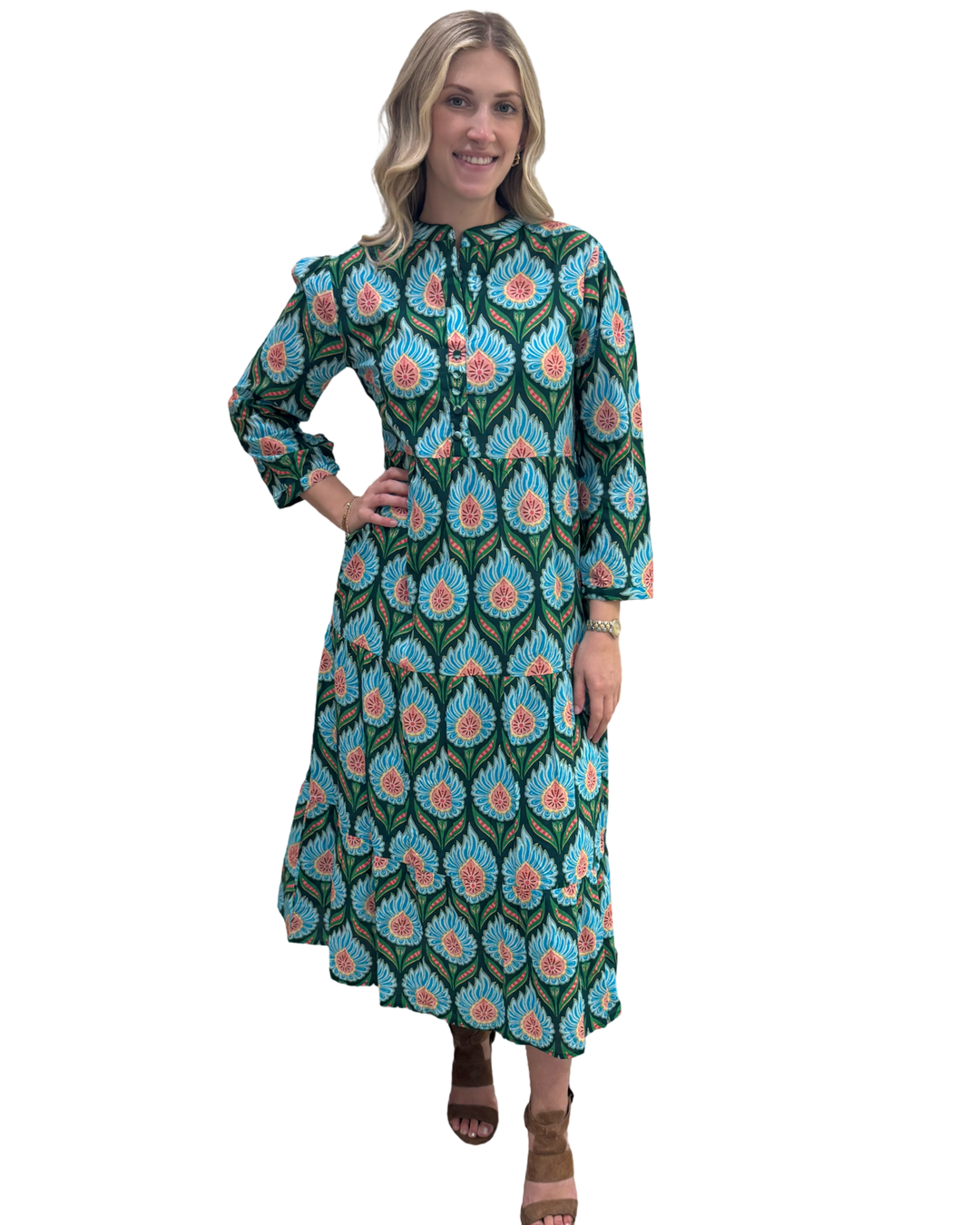 The Addison Long Green Turquoise Cotton  Dress