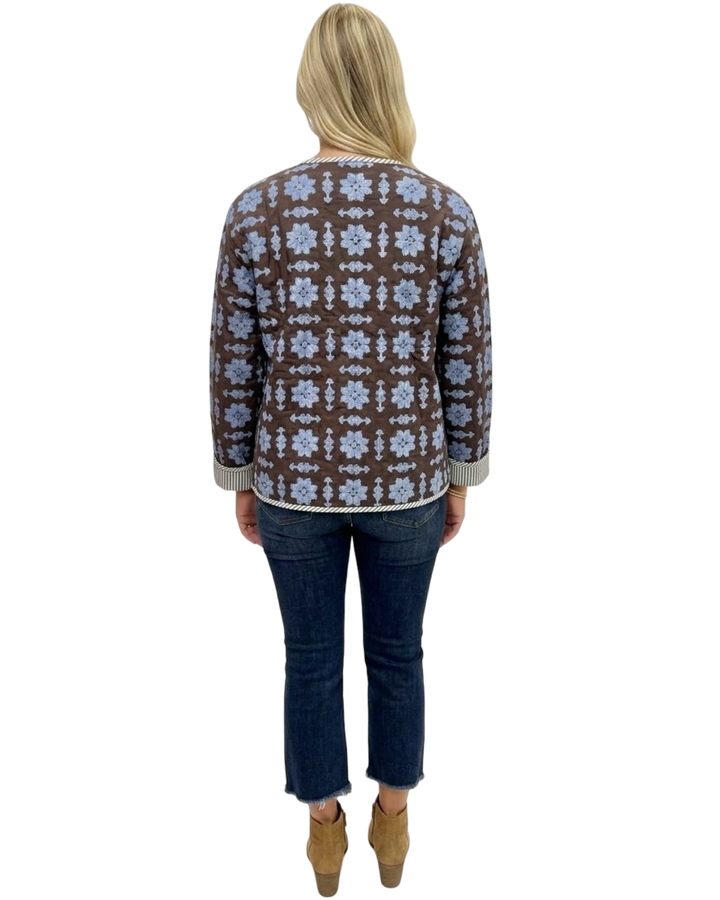 The Nellie Reversible Applique Jacket in Brown and Periwinkle Blue