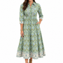 The Hamilton Tie Front Dress in Green and Blue Handblock Printed Floral