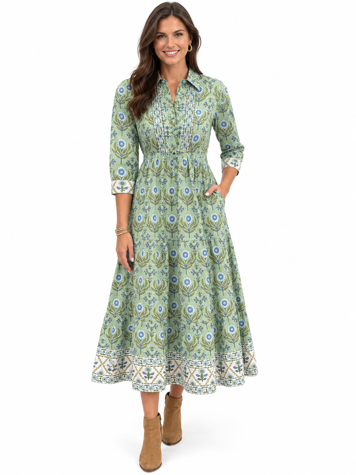 The Hamilton Tie Front Dress in Green and Blue Handblock Printed Floral
