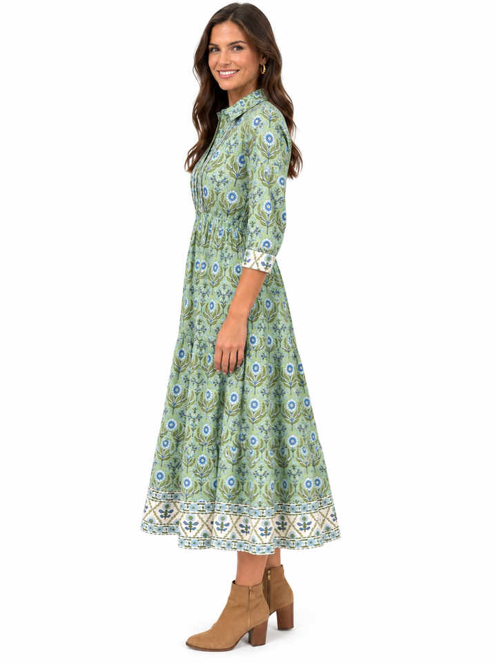 The Hamilton Tie Front Dress in Green and Blue Handblock Printed Floral