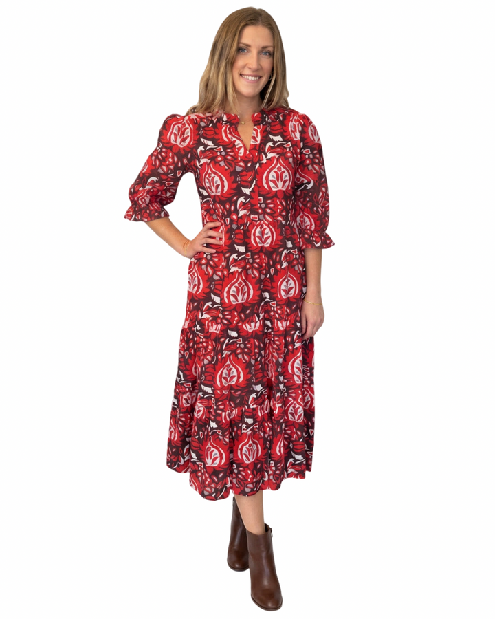 The Campbell 3/4 Sleeve Dress in Red and Brown Abstract