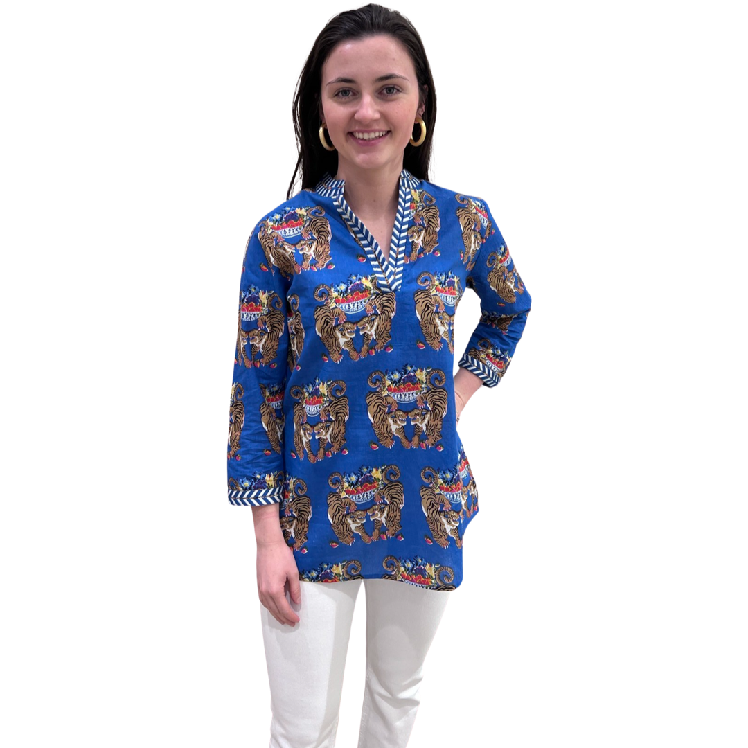 The Brie Royal Blue Twin Tiger Embroidered Tunic — view 3