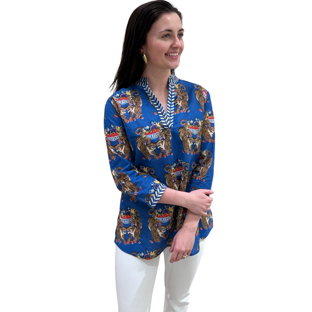 The Brie Royal Blue Twin Tiger Embroidered Tunic