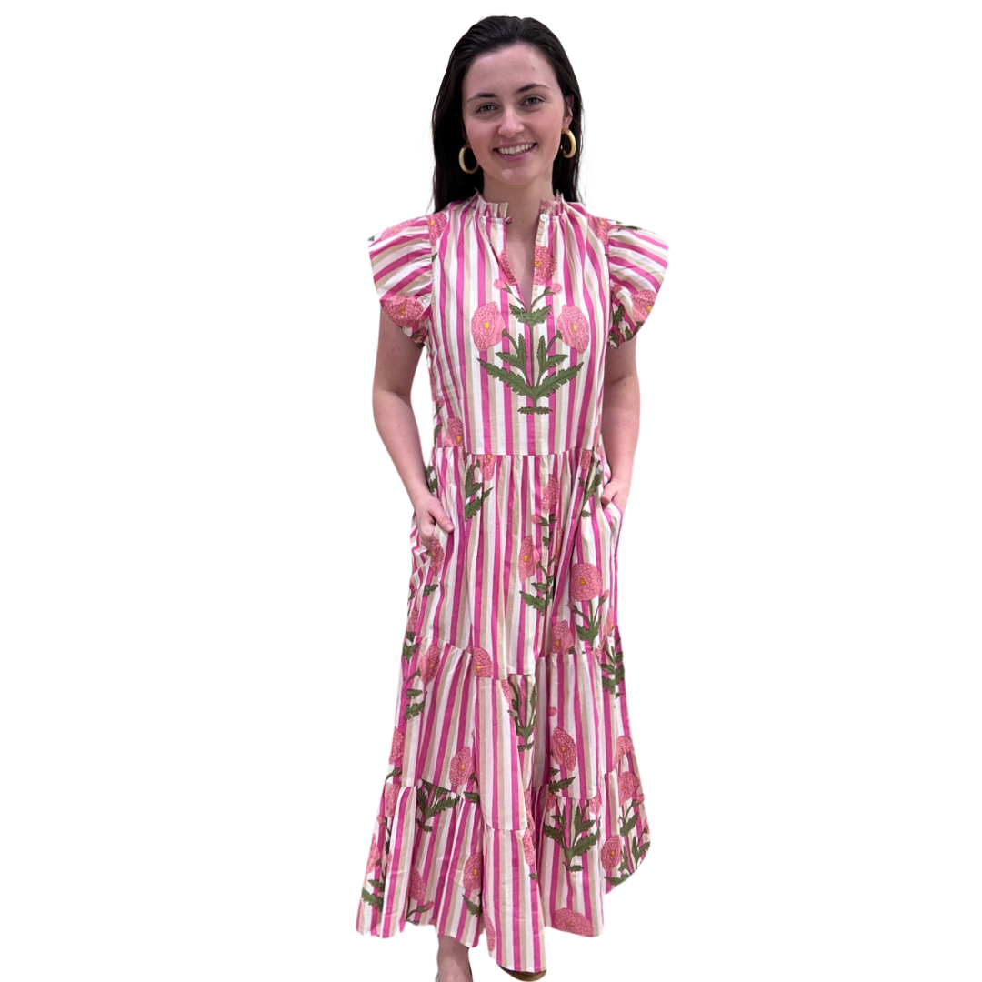 The Tinley Pink Floral Stripe Long Dress — view 4
