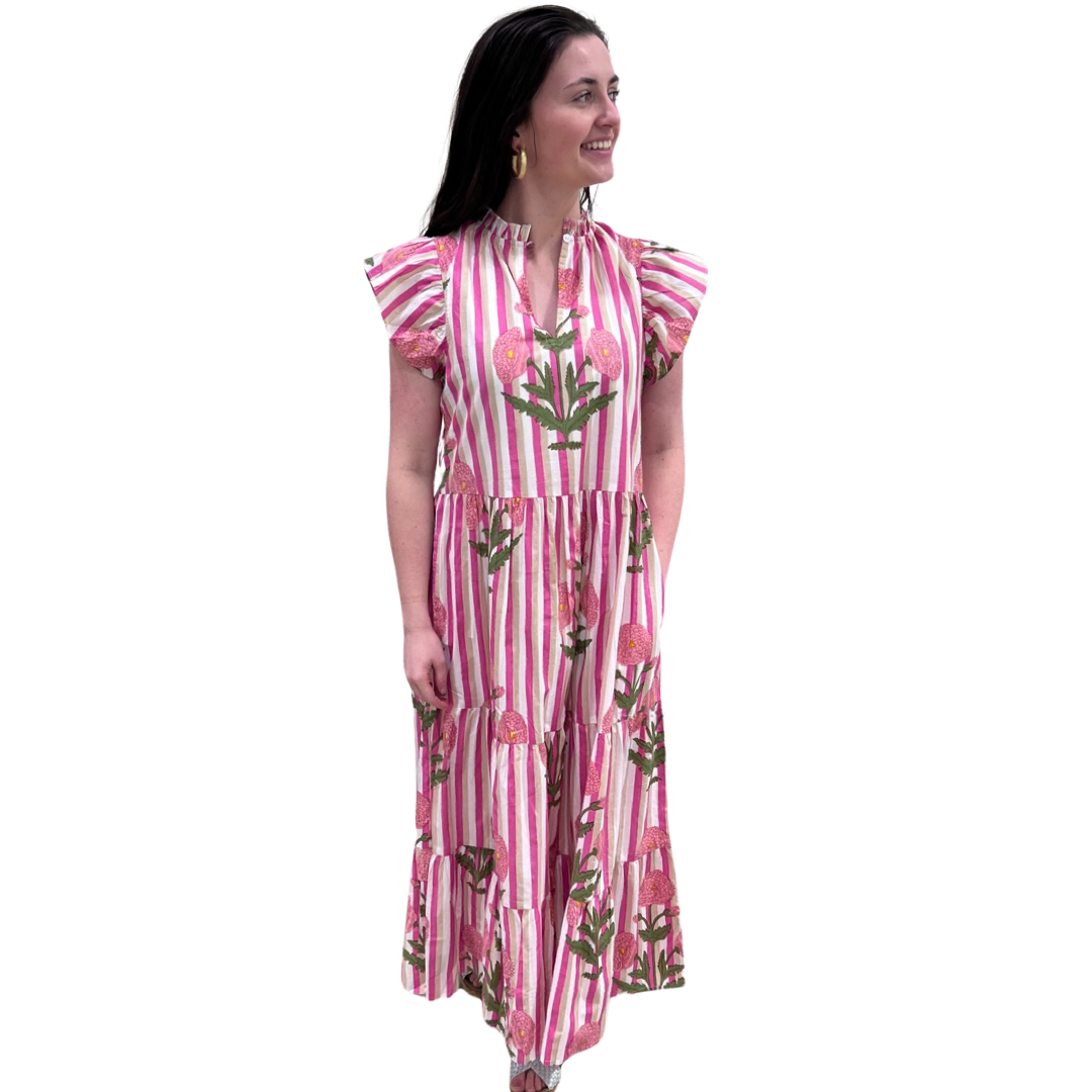 The Tinley Pink Floral Stripe Long Dress — view 3