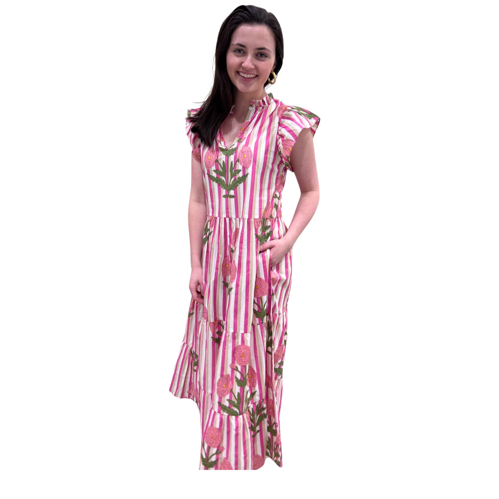 The Tinley Pink Floral Stripe Long Dress — view 2